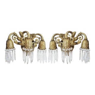 Pair Antique French Crystal & Gilt Bronze Basket Wall Sconces For Sale
