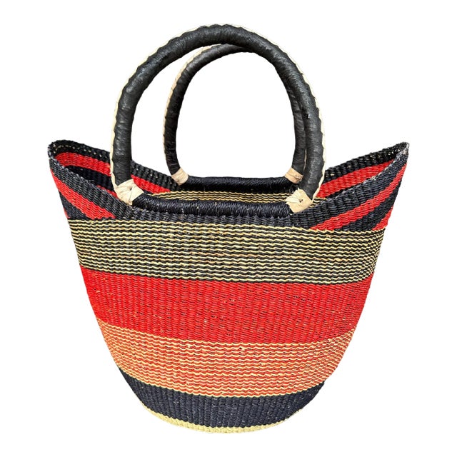 African Bolga Ghana Woven Yikene Basket Beach Bag U Shopper, Red and Black For Sale