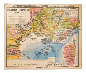 Antique French Wall Map of Mediterranean South France and Corsica, 1960s