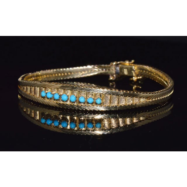 Estate Natural Turquoise Solid 18K Gold Snake Chain Bangle Bracelet For Sale - Image 12 of 12