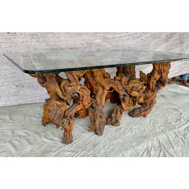Vintage Sculptural Natural Burlwood Root Dining Table With Rectangular Glass Top For Sale - Image 10 of 18
