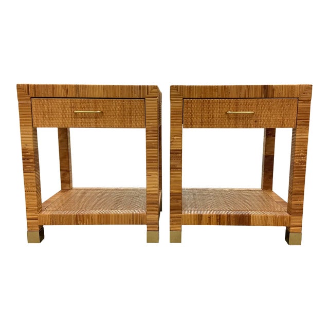 Cane rattan night stands or side tables. Top drawer, bottle shelf. Brass caps to feet. Both retain original Bielecky...