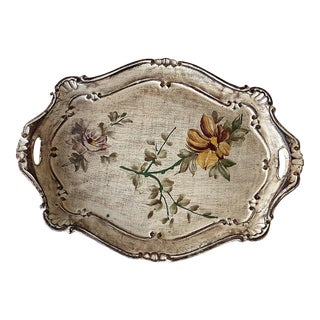 Vintage Italian Florentine Hand Painted Floral Tray For Sale