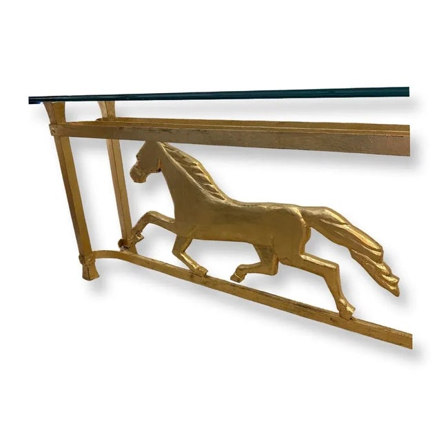 Vintage mid 20 Century Gilded Iron with Horse Design and Glass Top Console Table.