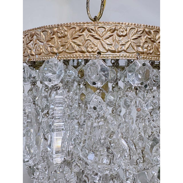 1960s Vintage Filigree Floral Brass Rim With French Pendalogue Crystal Chandelier For Sale - Image 5 of 8