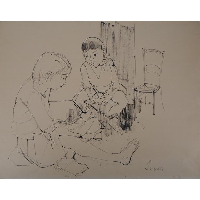 Jean Jansem, Playing Children, 20th Century, Ink Drawing For Sale - Image 8 of 8