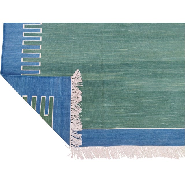 Handmade Green and Blue Geometric Cotton Rug - 10'x14' For Sale - Image 10 of 11