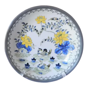 1980s Vintage Yt Chinoiserie Asian Hollywood Regency Porcelain in Pewter Base Bowl
