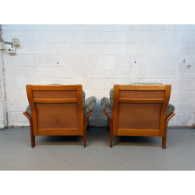 Wood Vintage Modern Patterned Wood and Cane Lounge Chairs For Sale - Image 7 of 13