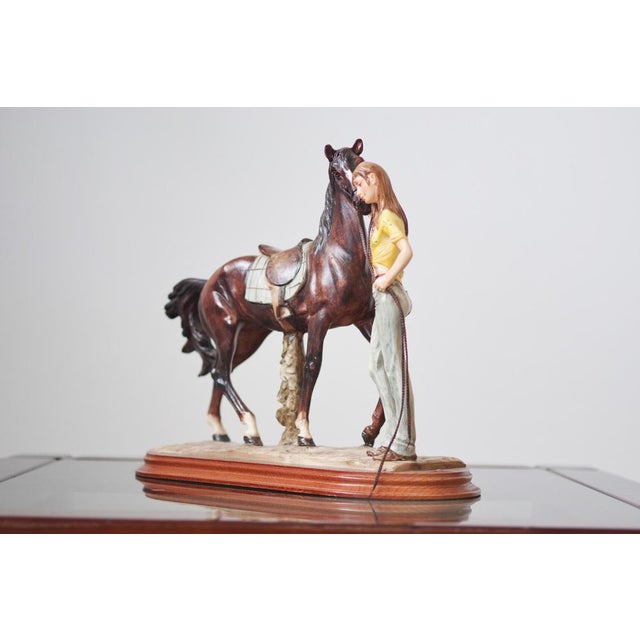 Wood Italian Ceramic Sculpture of Horse and Woman on Wooden Base by A. Saulini, 1970s For Sale - Image 7 of 7