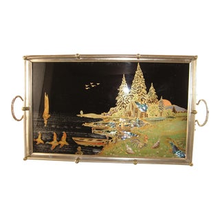 1930s French Art Deco Japan Style Serving Tray Reverse Painted Mother of Pearl For Sale