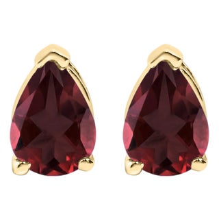 14K Yellow Gold 6x4MM Pear Shaped Red Garnet Solitaire Stud Earrings For Sale