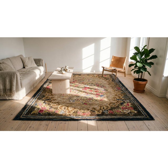 Textile 1880s Tan Camel Floral Folk Art Antique American Rug 6'10" X 10'0" Handknotted Wool Carpet For Sale - Image 7 of 9