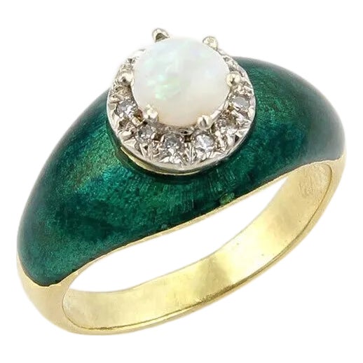 Opal Diamond & Green Enamel 18k Yellow Gold Cocktail Ring - Size 8 For Sale