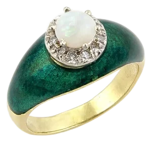 Opal Diamond & Green Enamel 18k Yellow Gold Cocktail Ring - Size 8