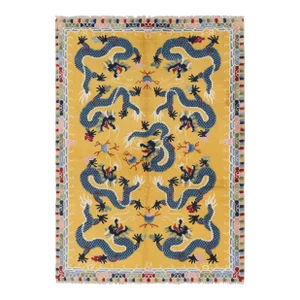 Vintage Chinese Pictorial Dragon Rug in Gold and Blue by Rug & Kilim