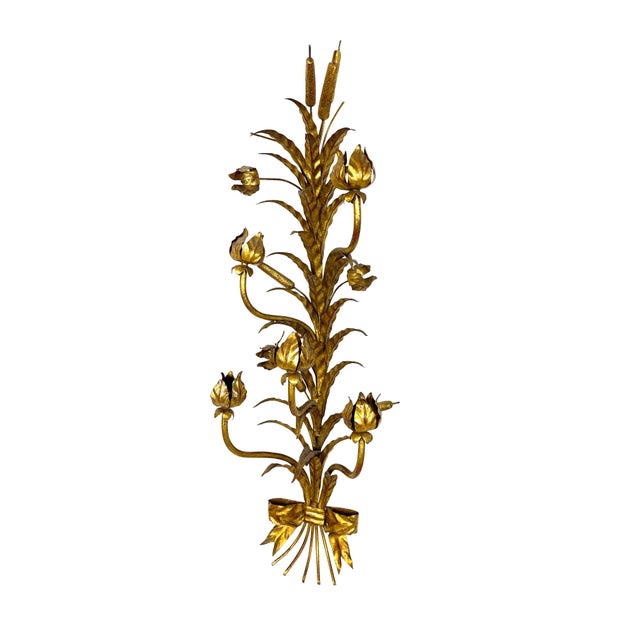 Decorative Italian Gilt Metal Candle Sconces Bulrush Motif - A Pair For Sale In Boston - Image 6 of 13