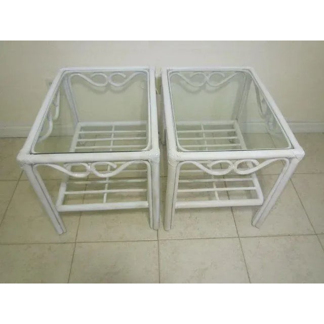 White Coastal Bamboo Rattan White Coffee Table With Two End Table Glass Top Set of 3 For Sale - Image 8 of 12