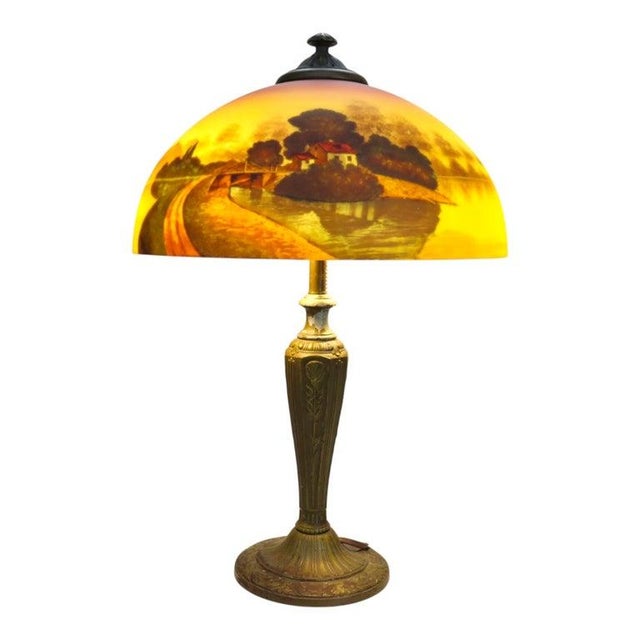 Arts & Crafts Phoenix Scenic Reverse Painted Table Lamp Signed a & R C1920 For Sale - Image 9 of 11