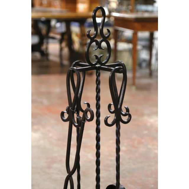 Gothic Vintage French Gothic Wrought Iron Five-Piece Fireplace Tool Set on Stand For Sale - Image 3 of 10