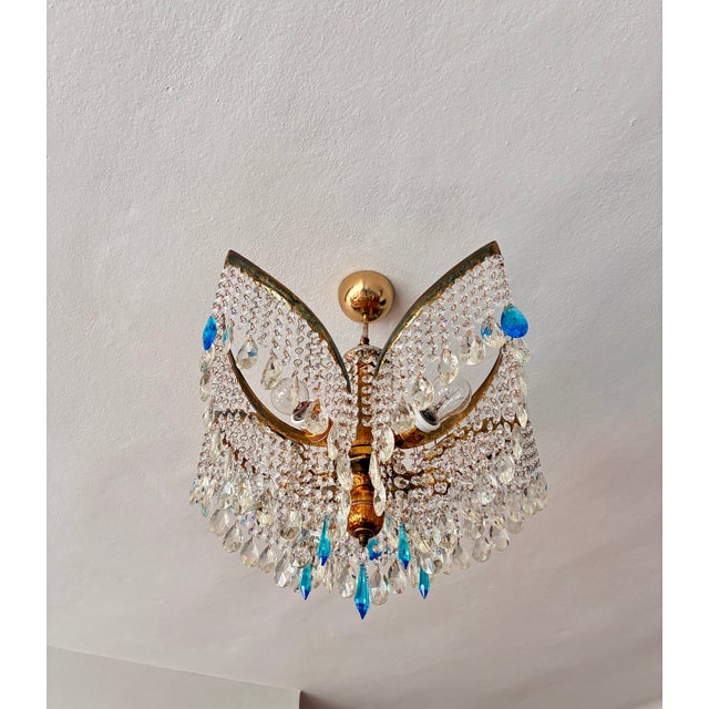 1960s Mid-Century Modern Crystal Chandelier With Aqua Blue Drops - Solid Brass Leaf Design Lighting - Rewired & Working⁠ For Sale - Image 16 of 18
