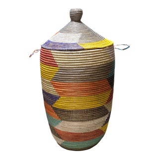Large Colorfull Hamper Basket From Senegal 36" H For Sale