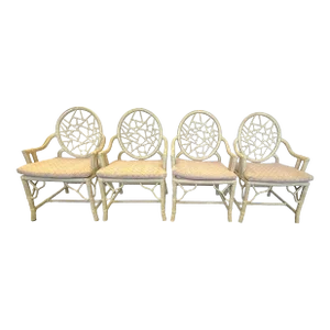 Vintage McGuire Style Cracked Ice Rattan and Rawhide Chairs- Set of 4
