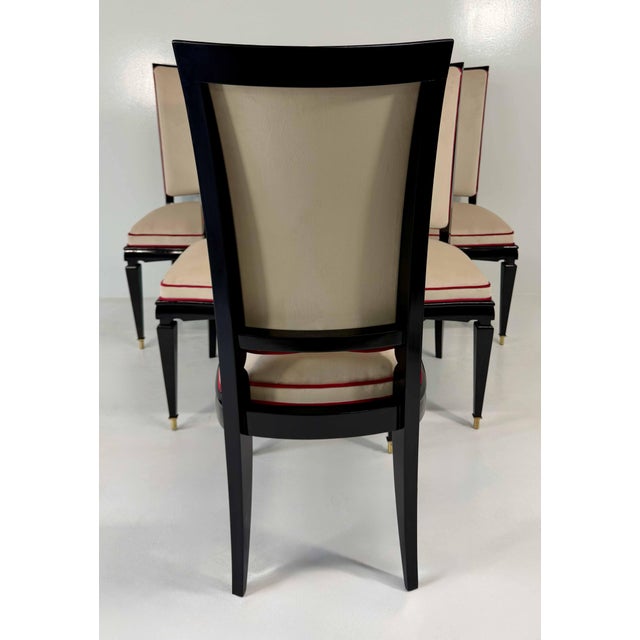 French Art Deco Black Lacquer and Ivory Velvet Chairs with Red Trims, 1940s, Set of 6 For Sale - Image 10 of 12