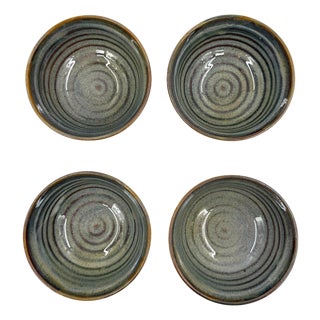 Vietnamese Dual-Glaze Stoneware Ceramic Rice Bowls With Spiral Motif -Set of 4 For Sale
