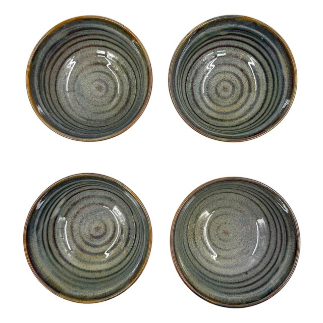 Vietnamese Dual-Glaze Stoneware Ceramic Rice Bowls With Spiral Motif -Set of 4 For Sale