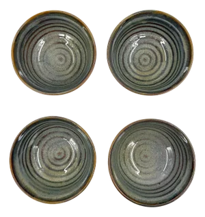 Vietnamese Dual-Glaze Stoneware Ceramic Rice Bowls With Spiral Motif -Set of 4