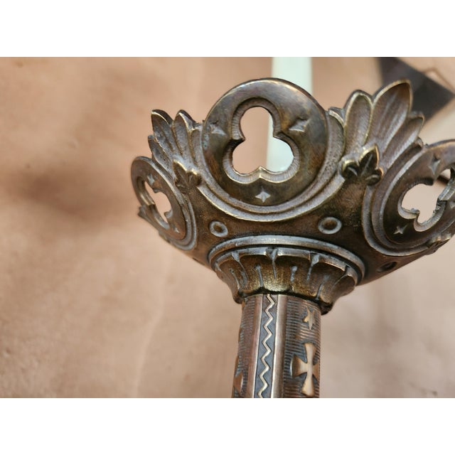 Large Antique Napoleon III Gothic Brass Church Candleholders, France, Set of 2 For Sale - Image 13 of 14