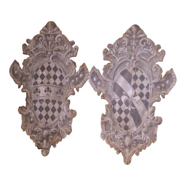 Pair of Early 20th Century Italian Painted Wood Heraldic Shield Wall Panels For Sale