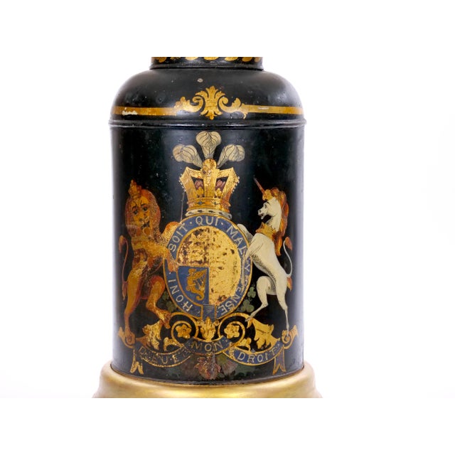 Black Pair of English Late 19th-Century Black Painted Tole Canister Table Lamps For Sale - Image 8 of 14