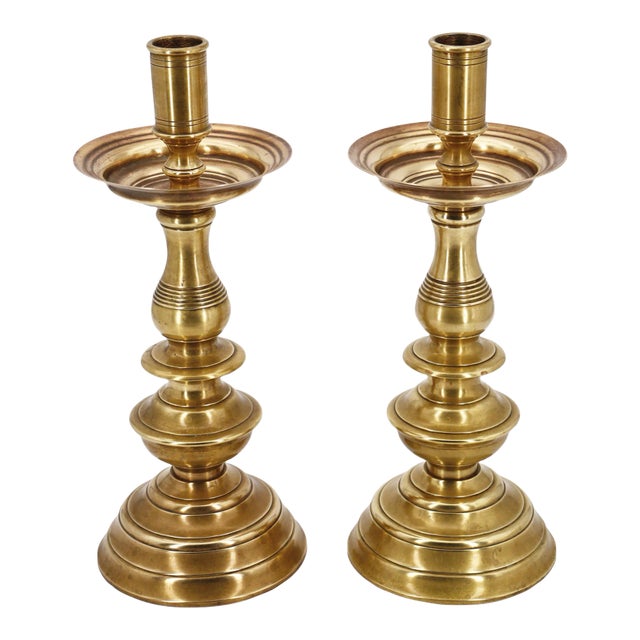 Antique 19th Century Large Pair of Portuguese Brass Candle Holders For Sale