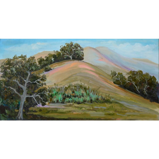 Sweeping Big Sur landscape of rolling hills in beautiful pastel colors illuminated with sunlight, by California artist...