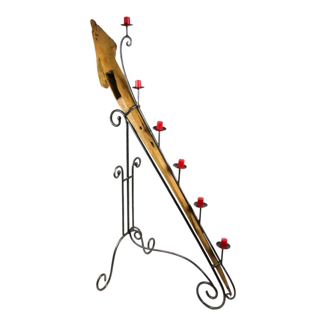 Large Antique Artisan Wooden Plow Sculpture Candle Holder For Sale