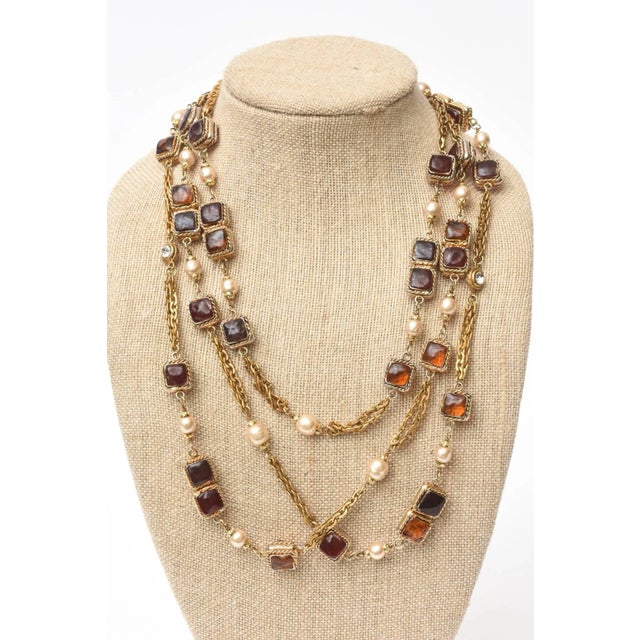 Metal Vintage Rare Chanel Gripoix Purple, Pink, Amber Glass, Faux Pearl & Chain Strand Long Necklace For Sale - Image 7 of 10