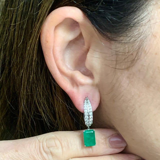 Diamond Emerald Earrings 4.74 TCW 14 Karat White Gold Certified For Sale - Image 10 of 12
