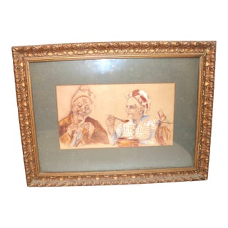 1930s Original Figural Elder Couple Married Man Lady Watercolor Painting Frame For Sale
