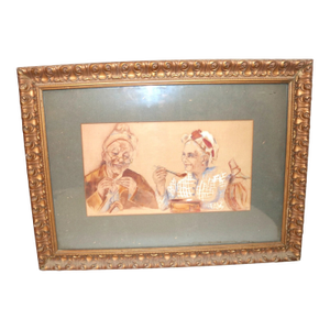 1930s Original Figural Elder Couple Married Man Lady Watercolor Painting Frame