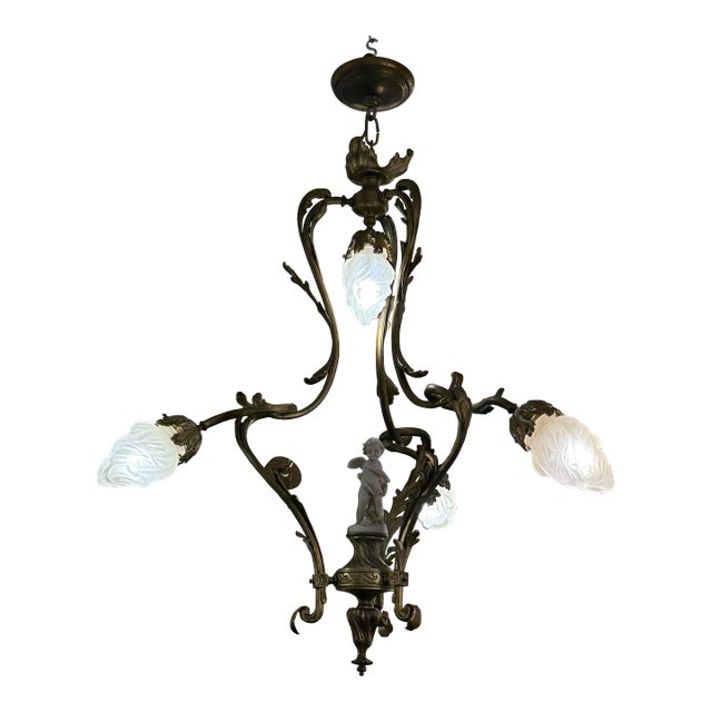 Art Nouveau Four Light Cherub Chandelier, Early 20th Century For Sale