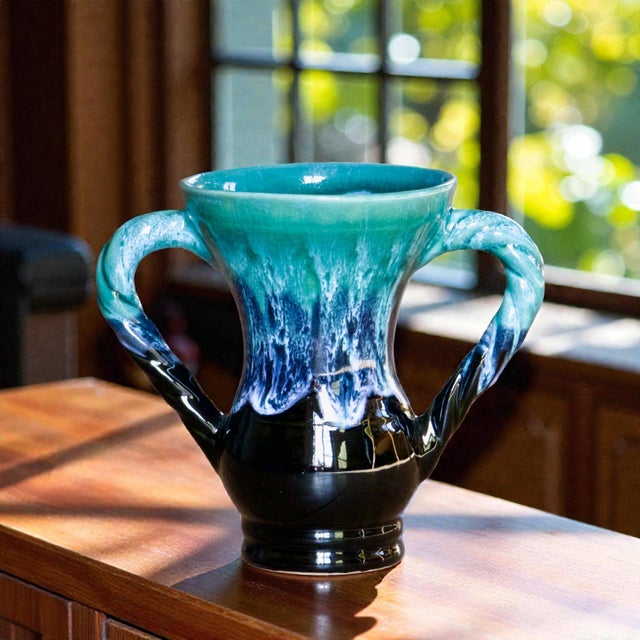 Antique stoneware vase (amphora) with a flamed glaze. Beautiful colors ranging from turquoise to indigo, with white froth....
