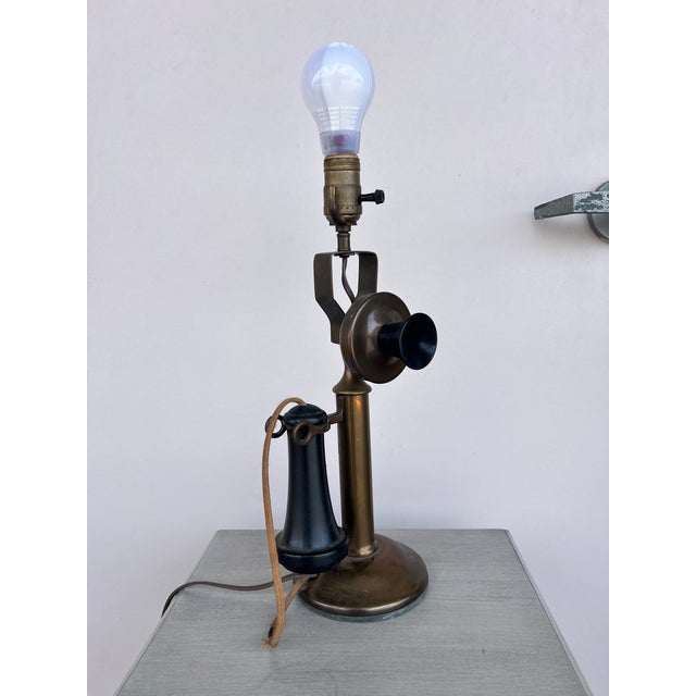 Vintage Candlestick Telephone Brass Table Lamp With Shade For Sale - Image 4 of 11