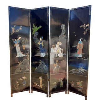 Vintage Chinese Black Lacquer 4-Panel Folding Screen, Hand-Painted Chinoiserie Room Divider For Sale