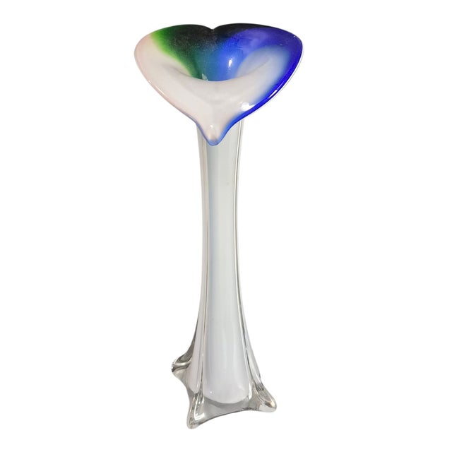 Blue Vintage Hand Blown Art Glass Blue Green & White Jack-in-the-Pulpit Bud Vase 11'' For Sale - Image 8 of 8