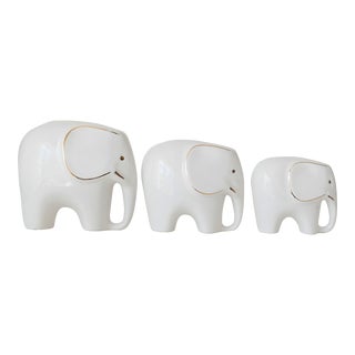 1960s Mid-Century Modern Handmade Ivory and Gold Glazed Porcelain Elephant Set - 3 Pieces For Sale