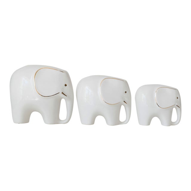 1960s Mid-Century Modern Handmade Ivory and Gold Glazed Porcelain Elephant Set - 3 Pieces For Sale