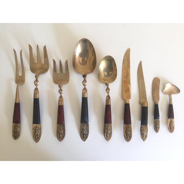 Vintage MidCentury Brass Rosewood Siam Buddha Flatware & Wood Case