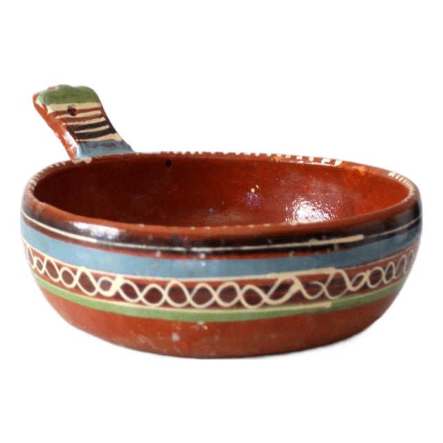 Mid 20th Century Mexican Pottery Hand-Painted Terracotta Handled Serving Dish For Sale